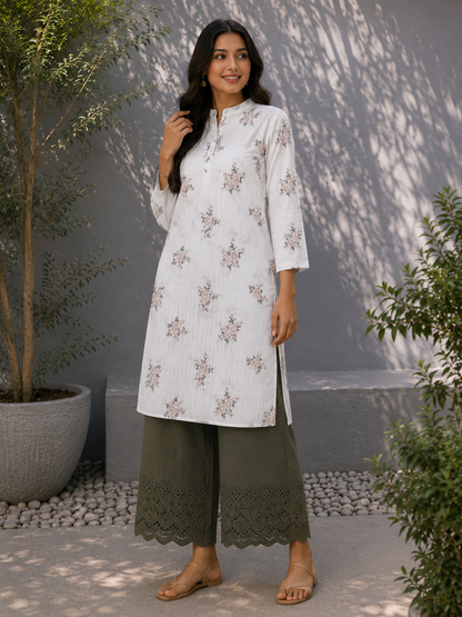 White Floral Cotton Kurta Fabric with Olive Green Cotton Schiffli Bottom Suit Set