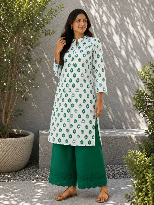 Emerald Leaf Print Cotton Suit Set with Chikan Border Bottom