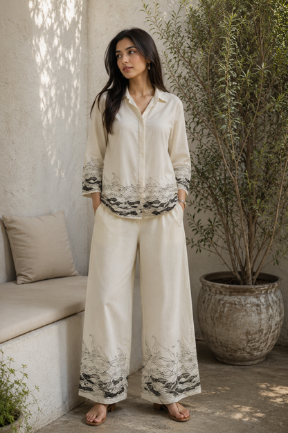 Imported Off White Georgette Thread Work Fabric with Black Border