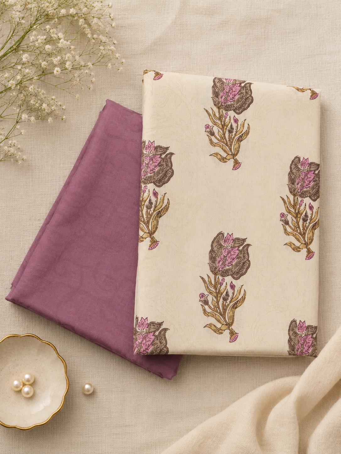 Lavender Floral Printed Cotton Suit Set with Jacquard Bottom