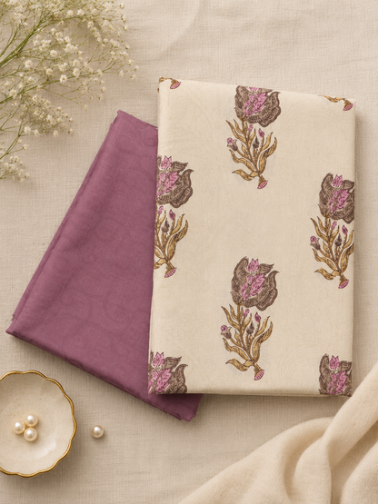 Lavender Floral Printed Cotton Suit Set with Jacquard Bottom