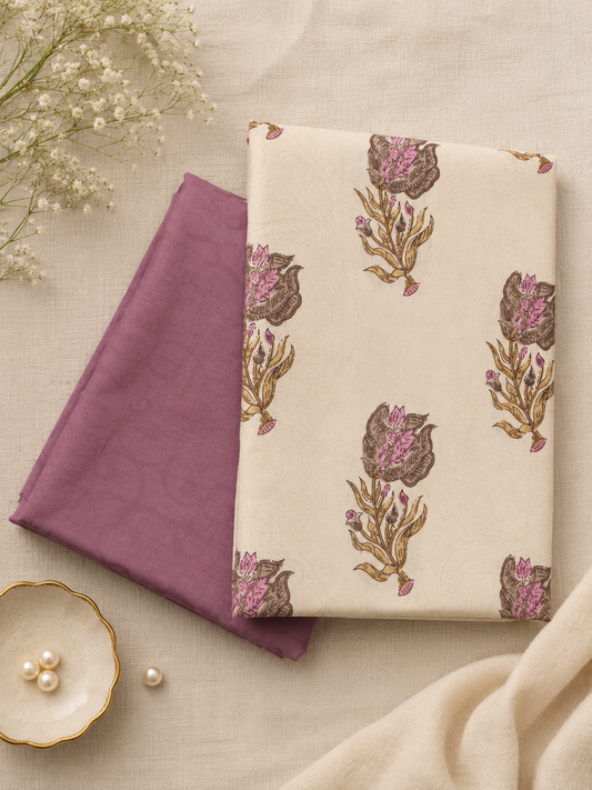 Lavender Floral Printed Cotton Suit Set with Jacquard Bottom