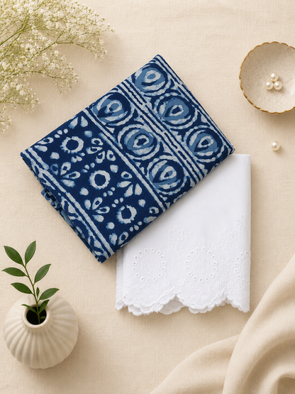 Indigo Blue rinted Cotton Suit Set with White Schiffli Bottom