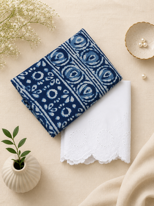 Indigo Blue rinted Cotton Suit Set with White Schiffli Bottom