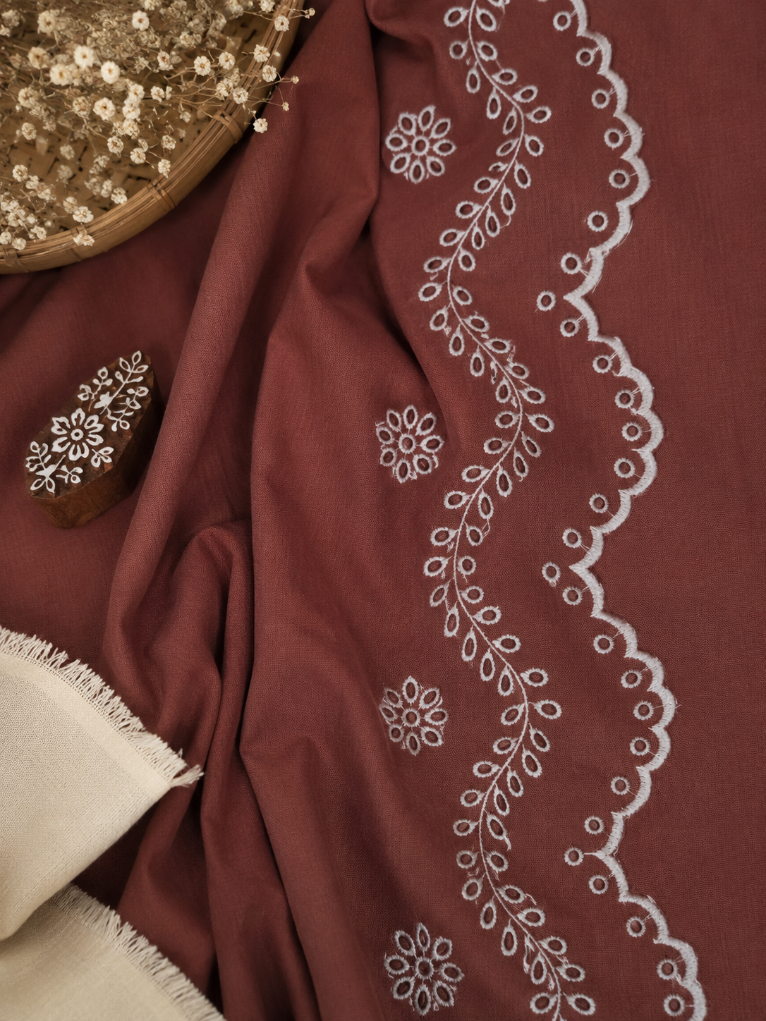 Rust Color 100% Pure Linen Fabric with Double Border