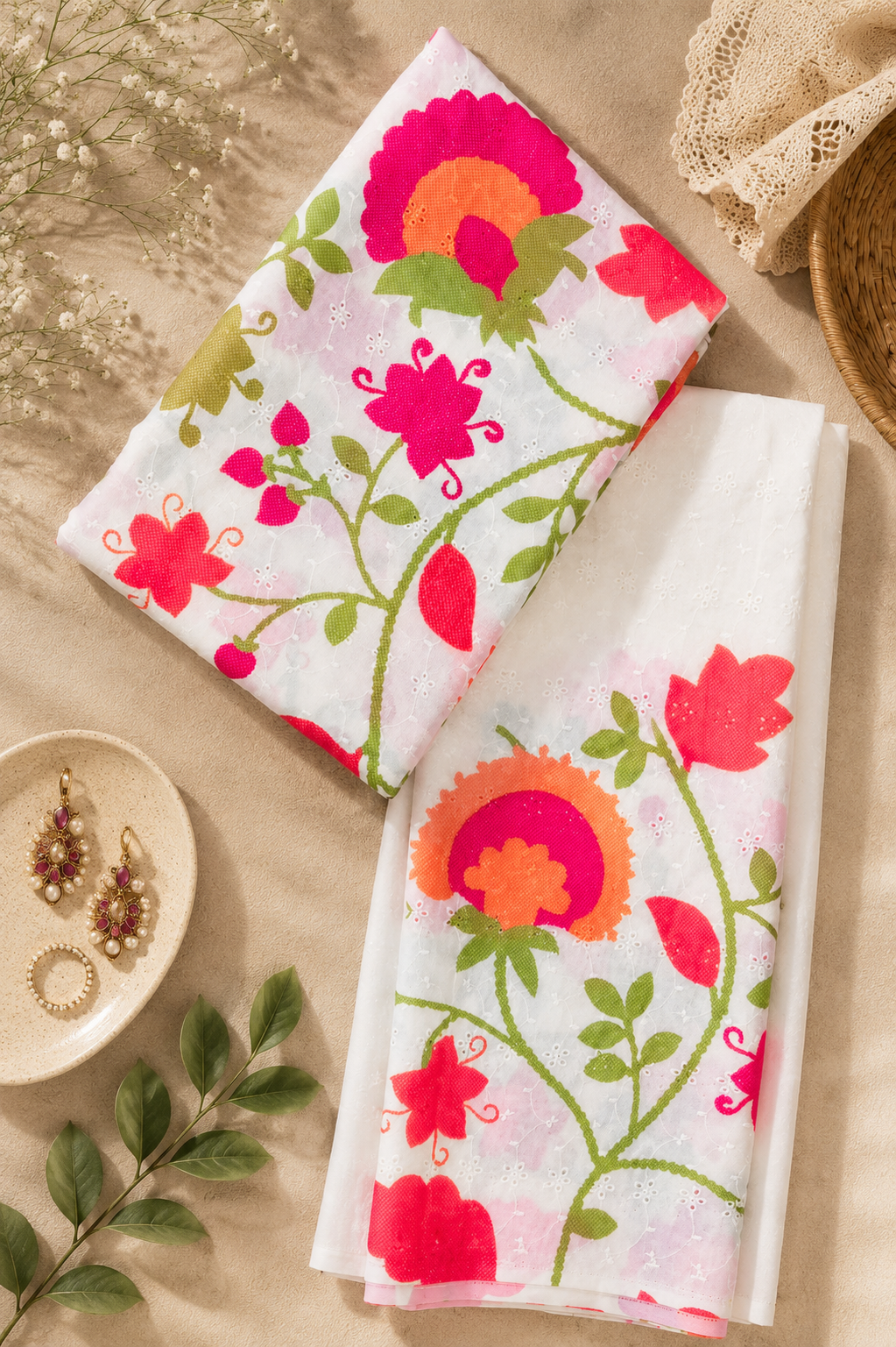 Peach & Fuchsia Pink Cotton Hokoba Printed Fabric Suit Set