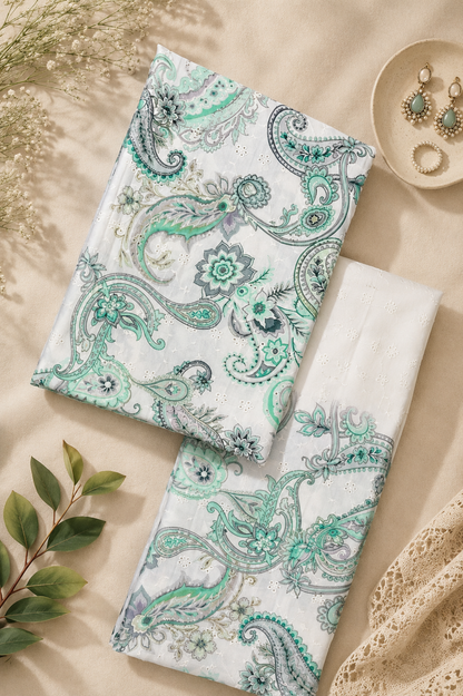 Turqoise Amoebic Cotton Hokoba Printed Fabric Suit Set