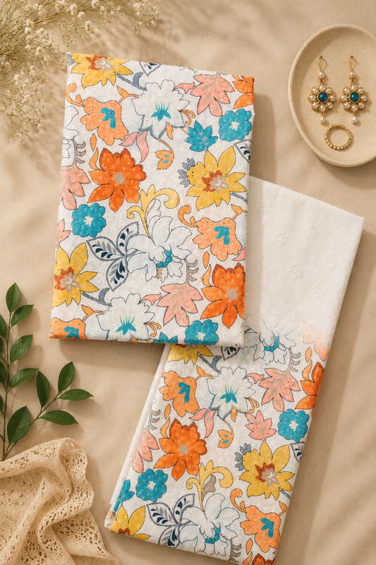 Multi Floral Cotton Hokoba Printed Fabric Suit Set