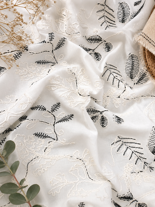 Pure Linen Botanical 3D Appliqué Embroidered Fabric