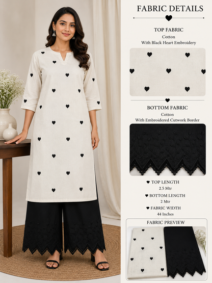 Black Heart Embroidery Cotton with Border Embroidery Suit Set