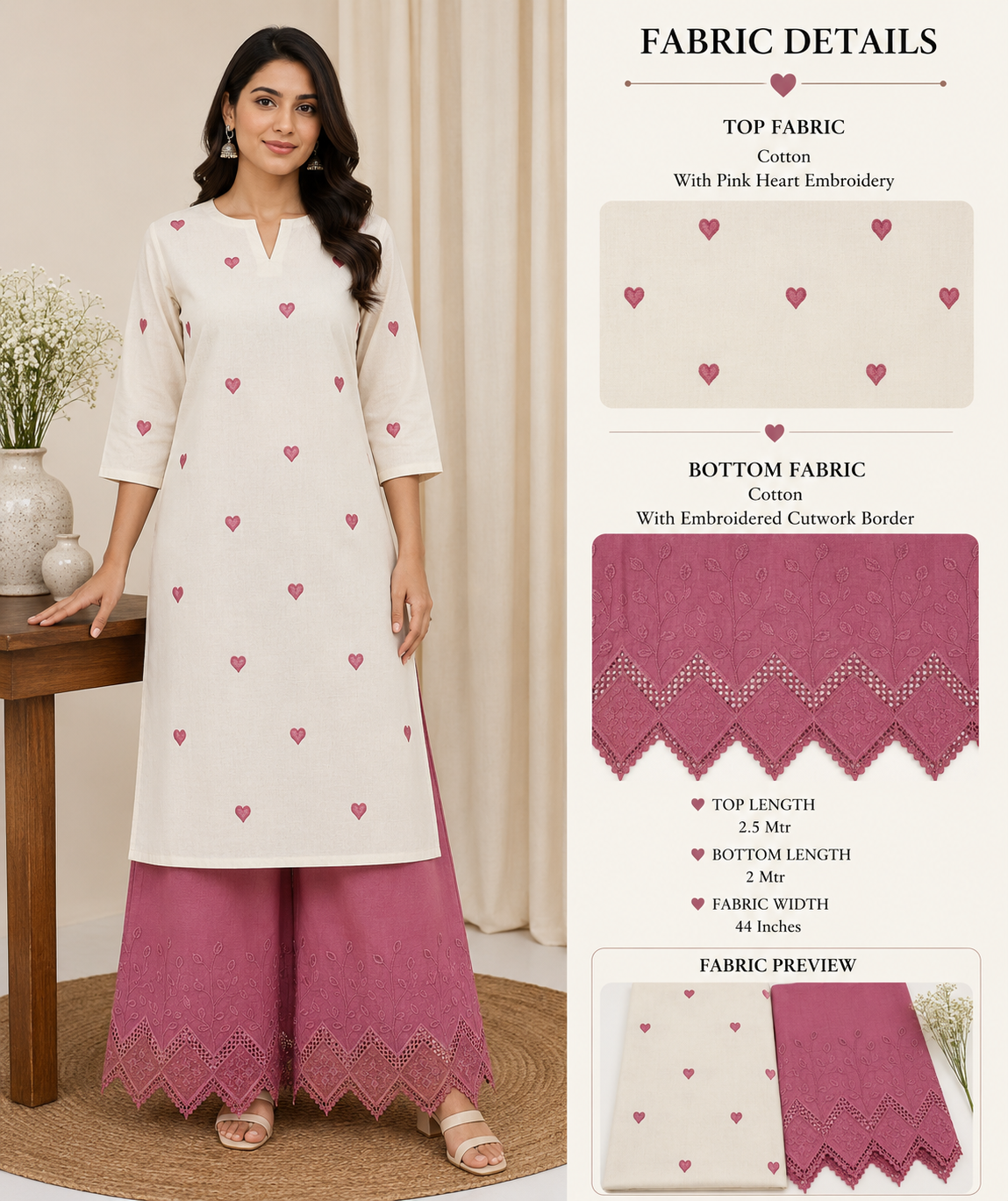 Designer White Heart Embroidery Cotton Suit Set | Border Embroidery