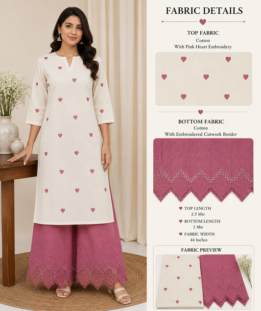Designer White Heart Embroidery Cotton Suit Set | Border Embroidery
