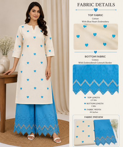 Sky Blue Heart Embroidery Cotton Suit Set | 44 Inch Width