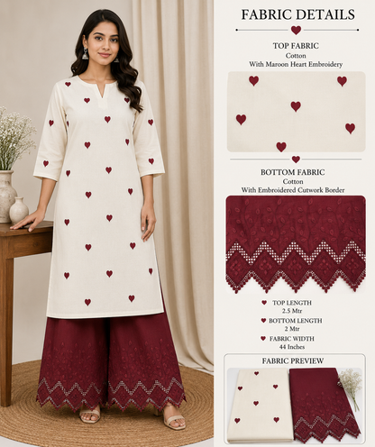 Wine Heart Embroidery Cotton Suit Set | 44 Inch Width