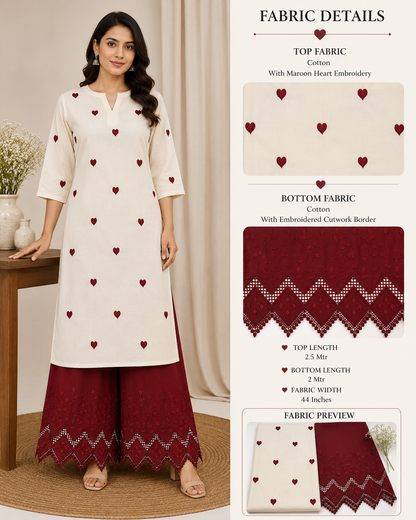 Red Heart Embroidery Cotton Suit Set | 44 Inch Width