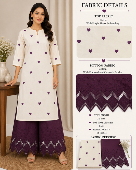 Plum Heart Embroidery Cotton Suit Set | 44 Inch Width