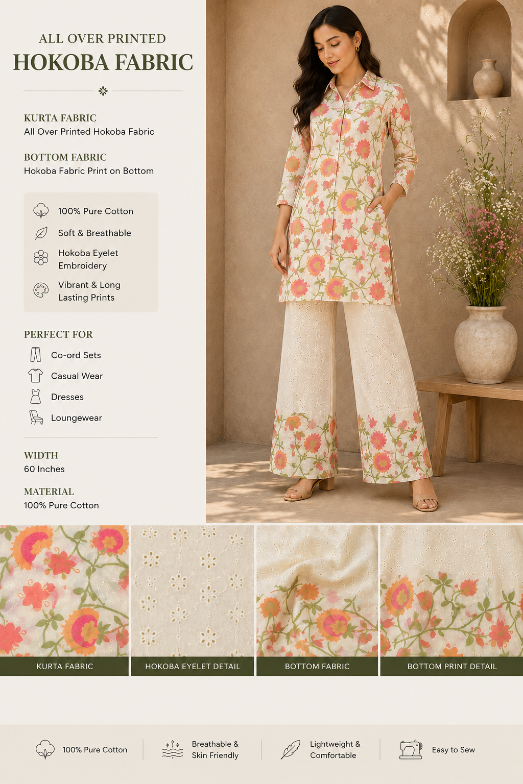 Peach & Fuchsia Pink Cotton Hokoba Printed Fabric Suit Set
