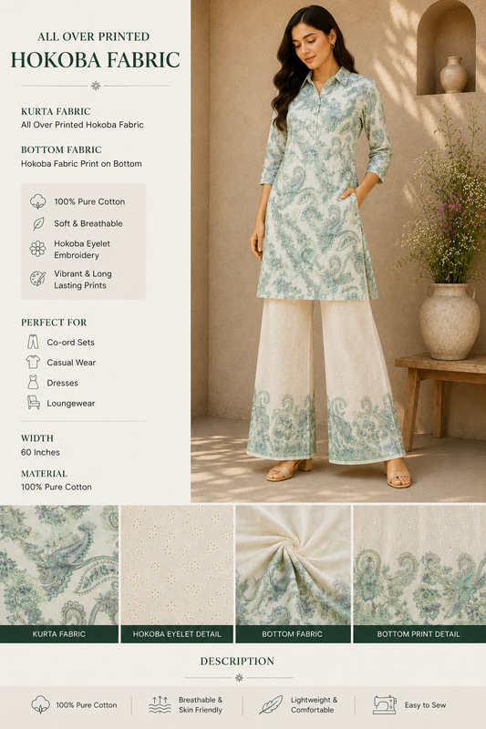 Turqoise Amoebic Cotton Hokoba Printed Fabric Suit Set
