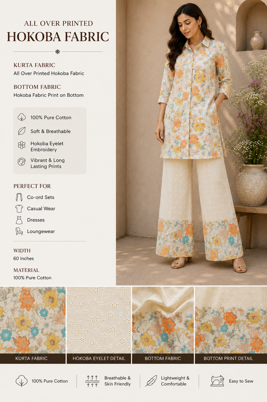 Multi Floral Cotton Hokoba Printed Fabric Suit Set