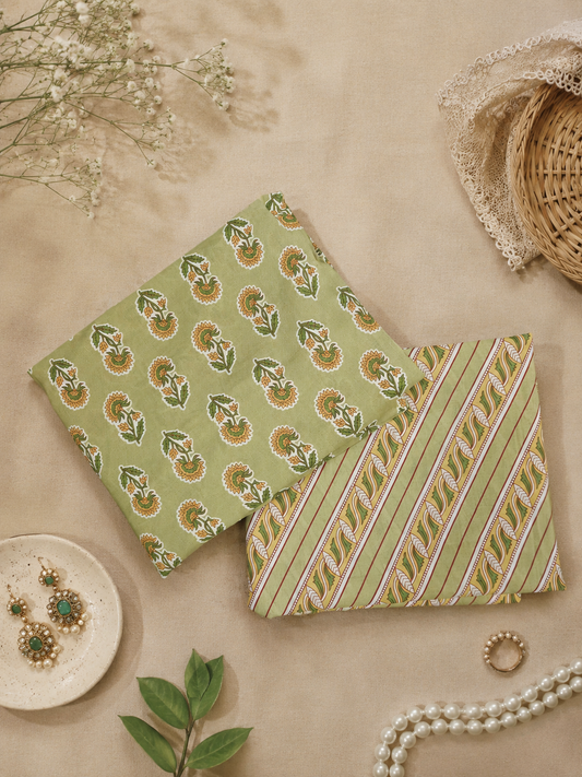 Designer Olive Green Cambric Cotton Kurta Bottom Suit Set | Floral & Stripe Print | 60 Inch Width