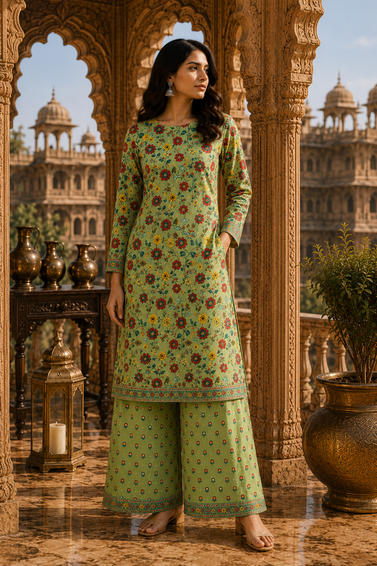 Pista Green Floral Cotton Suit Set With Printed Bottom