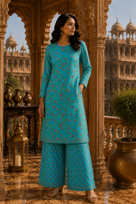 Turquoise Floral Cotton Suit Set With Printed Bottom
