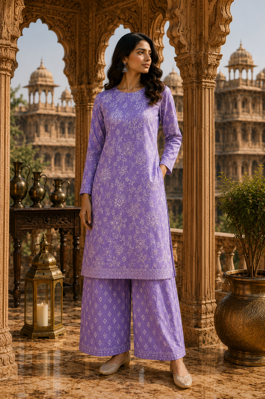 Lavender Floral Cotton Suit Set with Printed Bottom
