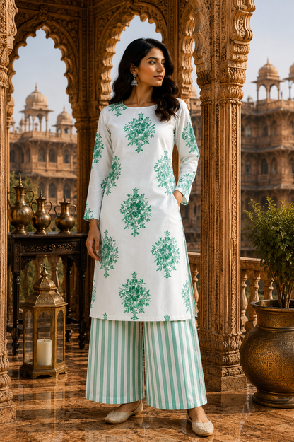 Mint Blossom Cotton Slub Printed Suit Set