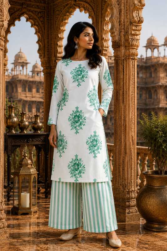 Mint Blossom Cotton Slub Printed Suit Set