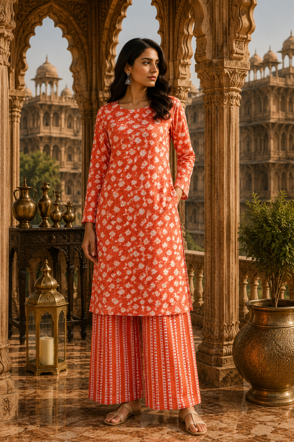 Premium Coral Orange Cotton Suit Set with Printed Bottom