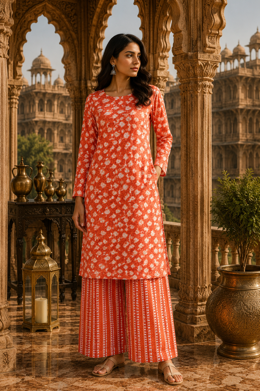 Premium Coral Orange Cotton Suit Set with Printed Bottom