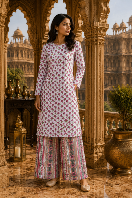 Premium White Pink Floral Cotton Suit Set with Printed Bottom