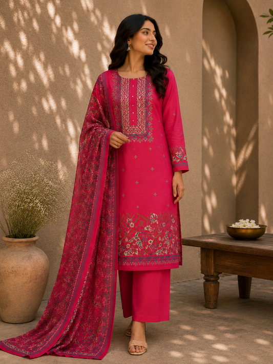 Rani Pink Cotton Suit Set with Pure Chiffon Dupatta