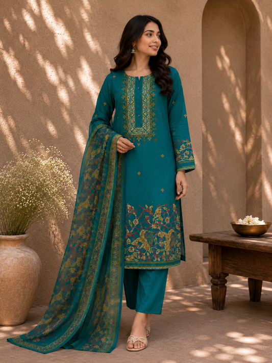 Turquoise Blue Cotton Suit Set with Pure Chiffon Dupatta