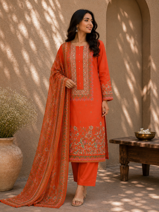 Coral Orange Cotton Suit Set with Pure Chiffon Dupatta