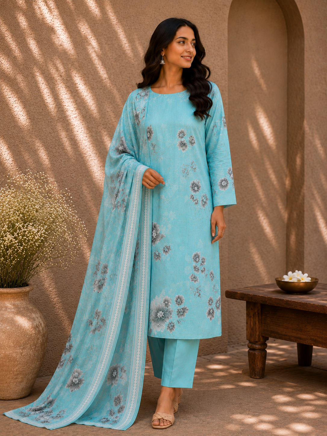 Aqua Bloom Cotton Suit Set with Silver Floral Bottom & Mul Dupatta