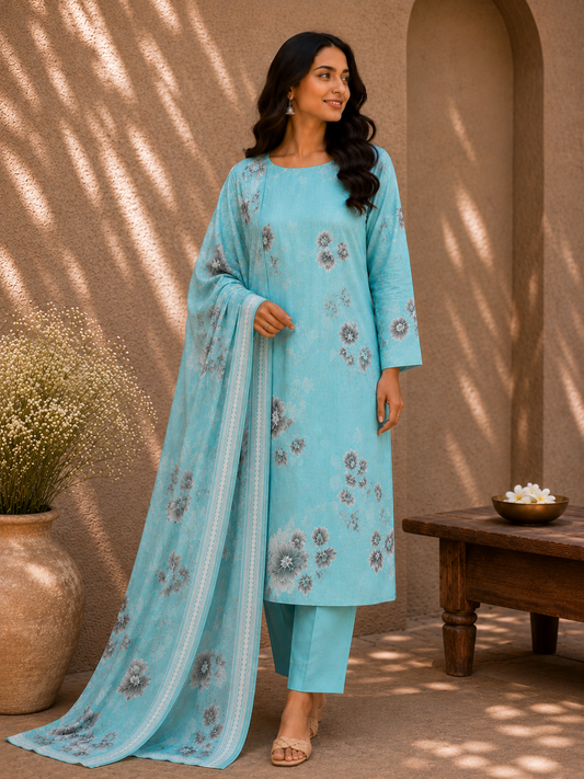 Aqua Bloom Cotton Suit Set with Silver Floral Bottom & Mul Dupatta