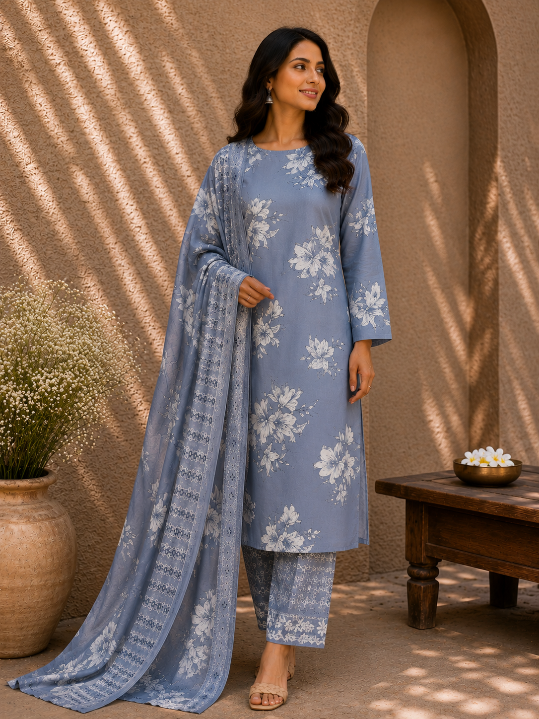 Premium Grey Floral Cotton Suit Set with Printed Mul Dupatta