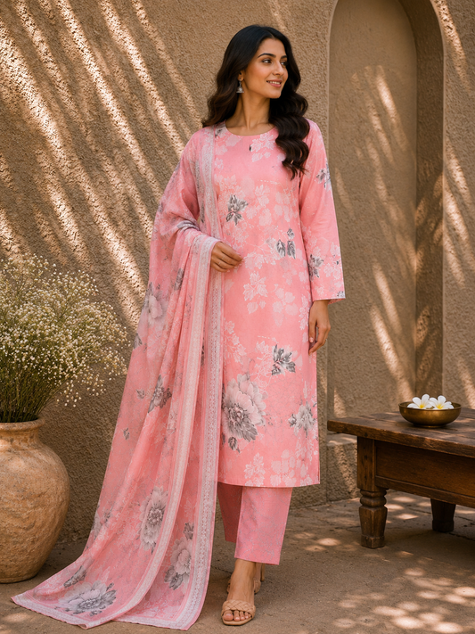 Peach Pink Floral Cotton Suit Set with Printed Mul Dupatta