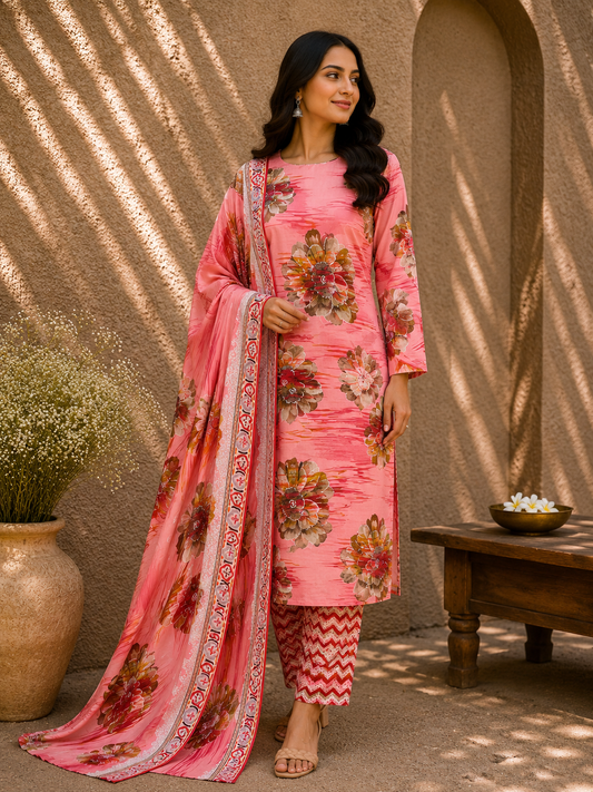Coral Pink Floral Cotton Suit Set with Printed Mul Dupatta