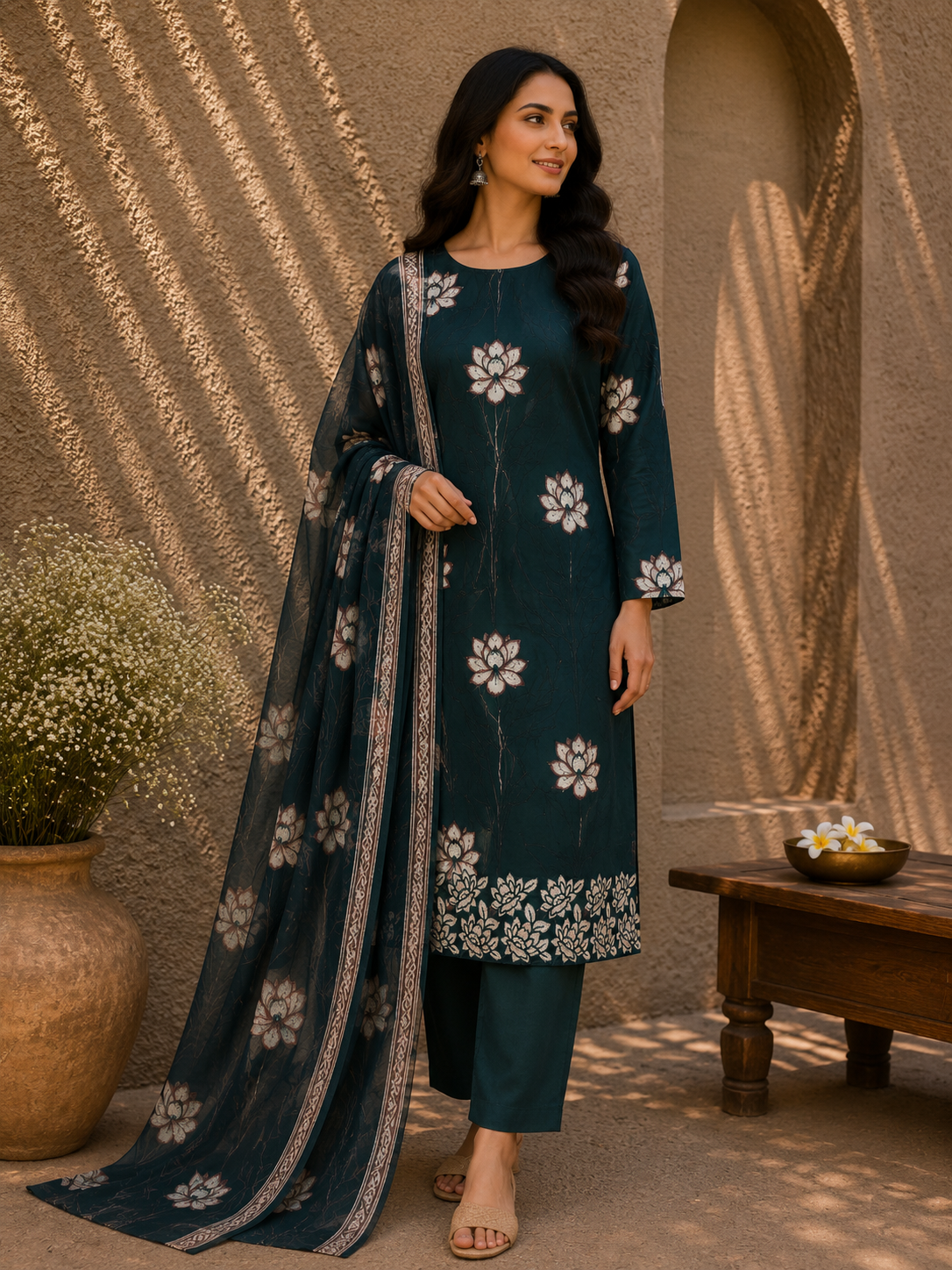 Classic Deep Green Cotton Suit Set with Pure Chiffon Dupatta