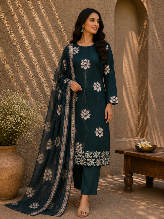 Classic Deep Green Cotton Suit Set with Pure Chiffon Dupatta