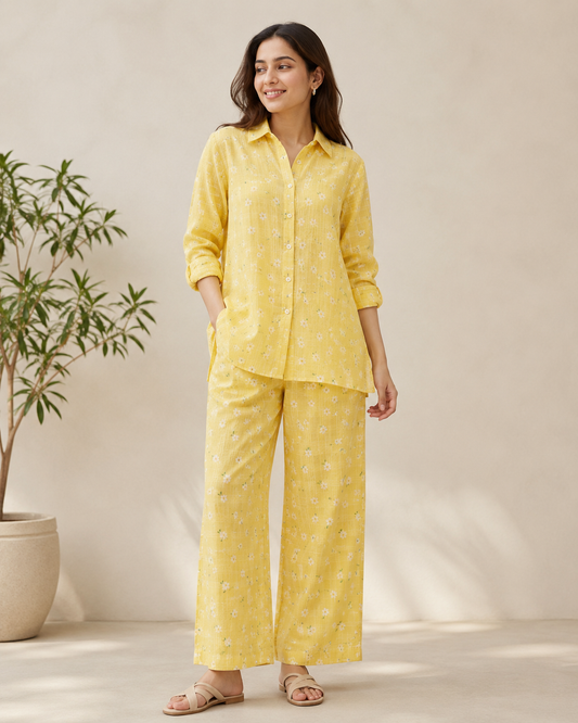 Yellow Cotton Dobby Printed Fabric | 44 Inch Width
