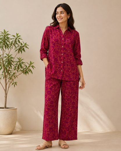 Red & Peach Floral Cotton Poplin Fabric | 60 Inch Width