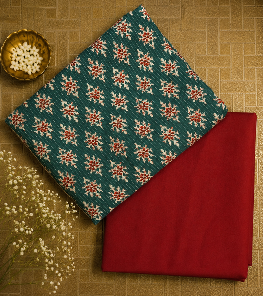 Bottle Green Floral Buti Cotton Suit Set