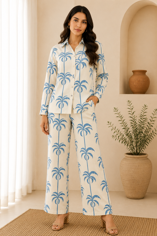 Coastal Palm Tree Print Cotton Linen Fabric – Sky Blue