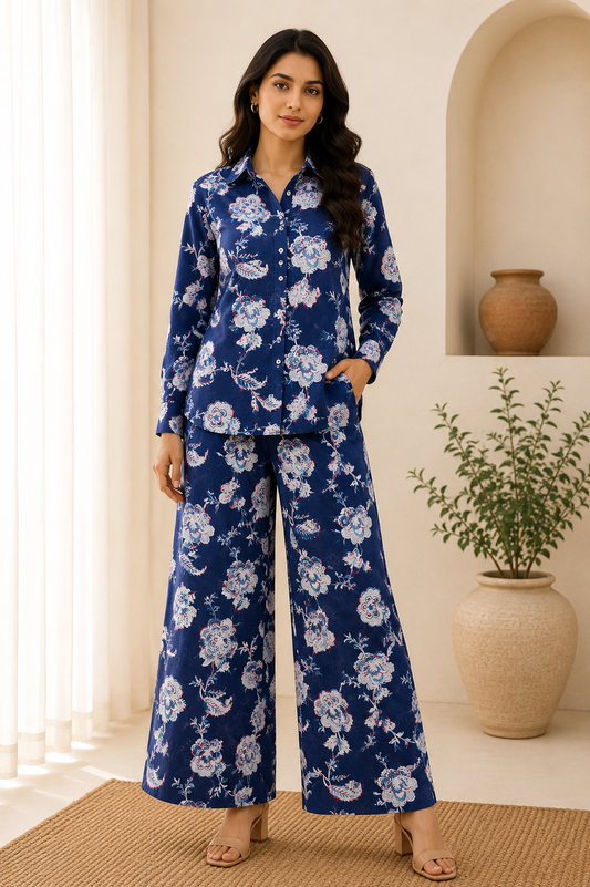 Blue Floral Printed Cotton Fabric