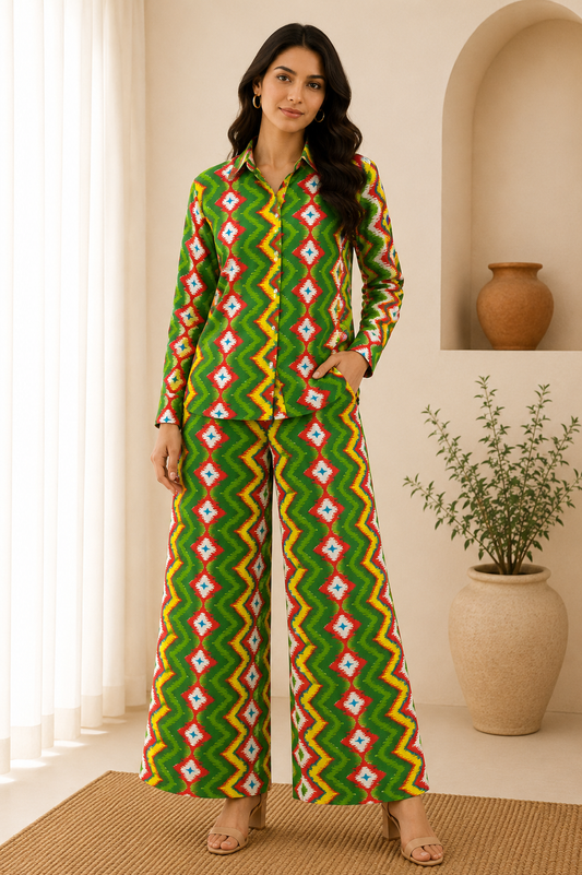 Green Ikat Print Cotton Fabric