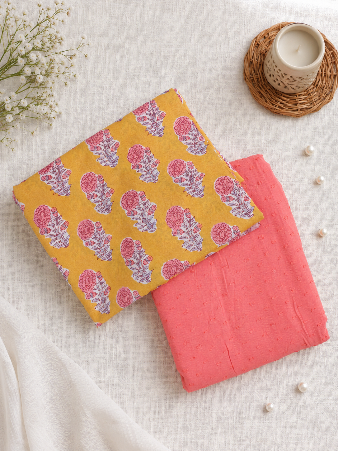 Mustard Blossom Handblock Style Cotton Suit Set