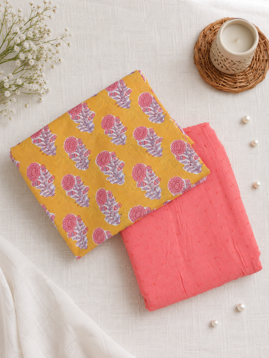 Mustard Blossom Handblock Style Cotton Suit Set